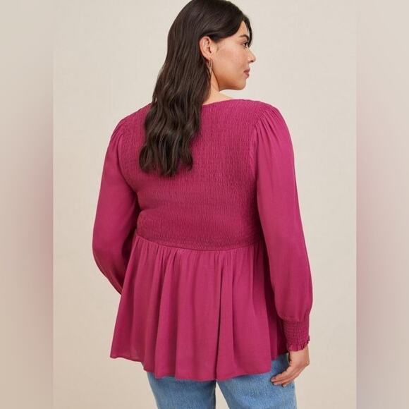 TORRID | Magenta Pink Babydoll Smocked Crinkle Blouse Long Sleeve | Large - Picture 3 of 9